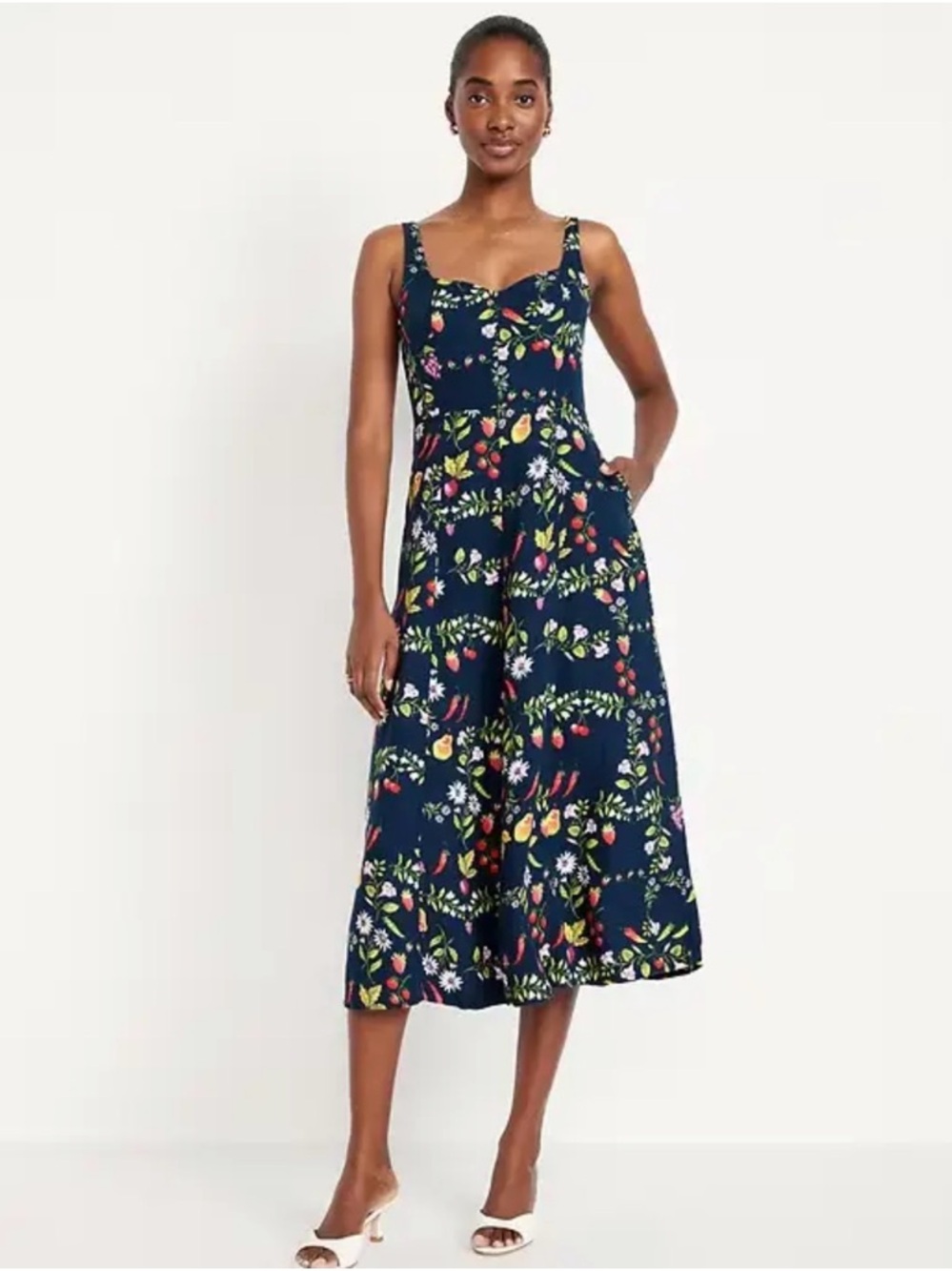 NWT Old Navy Fit & Flare Sleeveless Linen-Blend Midi Dress Mixed Fruit Pattern